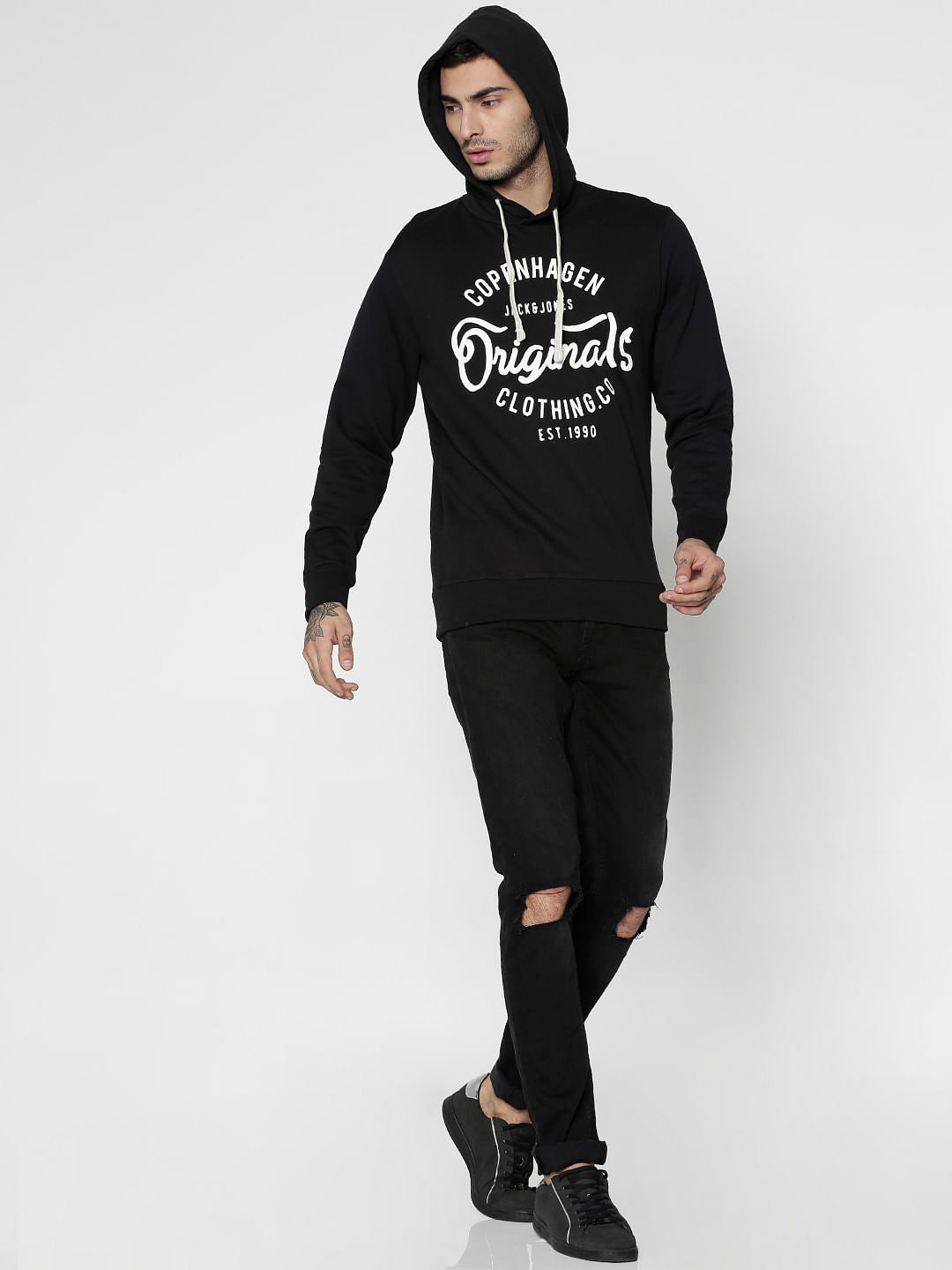 Black Text Print Hooded Sweatshirt