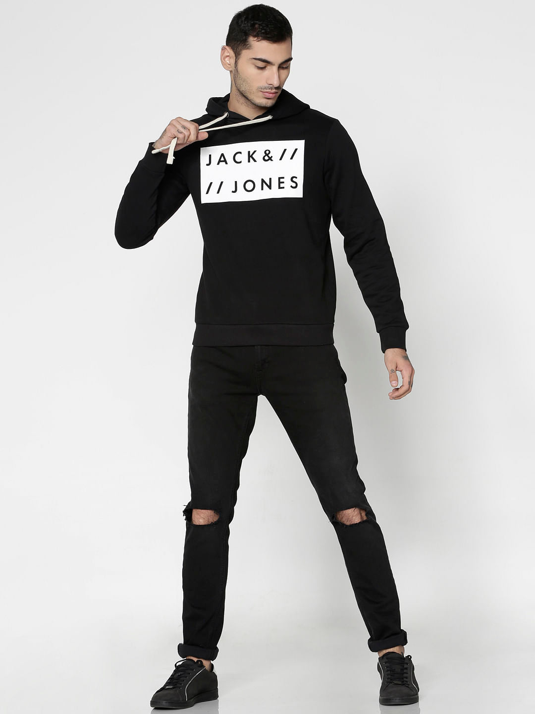 Black Text Print Hooded Sweatshirt