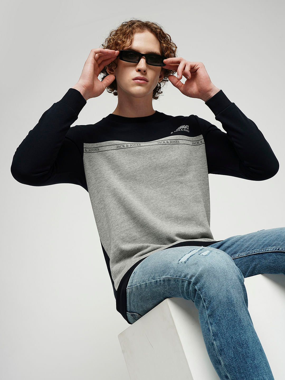 PRODUKT by JACK&JONES Grey Colourblocked Cotton Sweatshirt