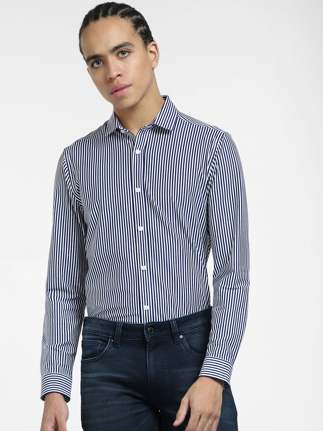 Dark Blue Striped Full Sleeves Shirt