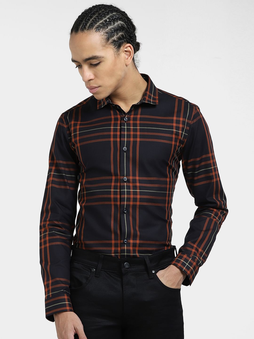 Black & Orange Check Full Sleeves Shirt