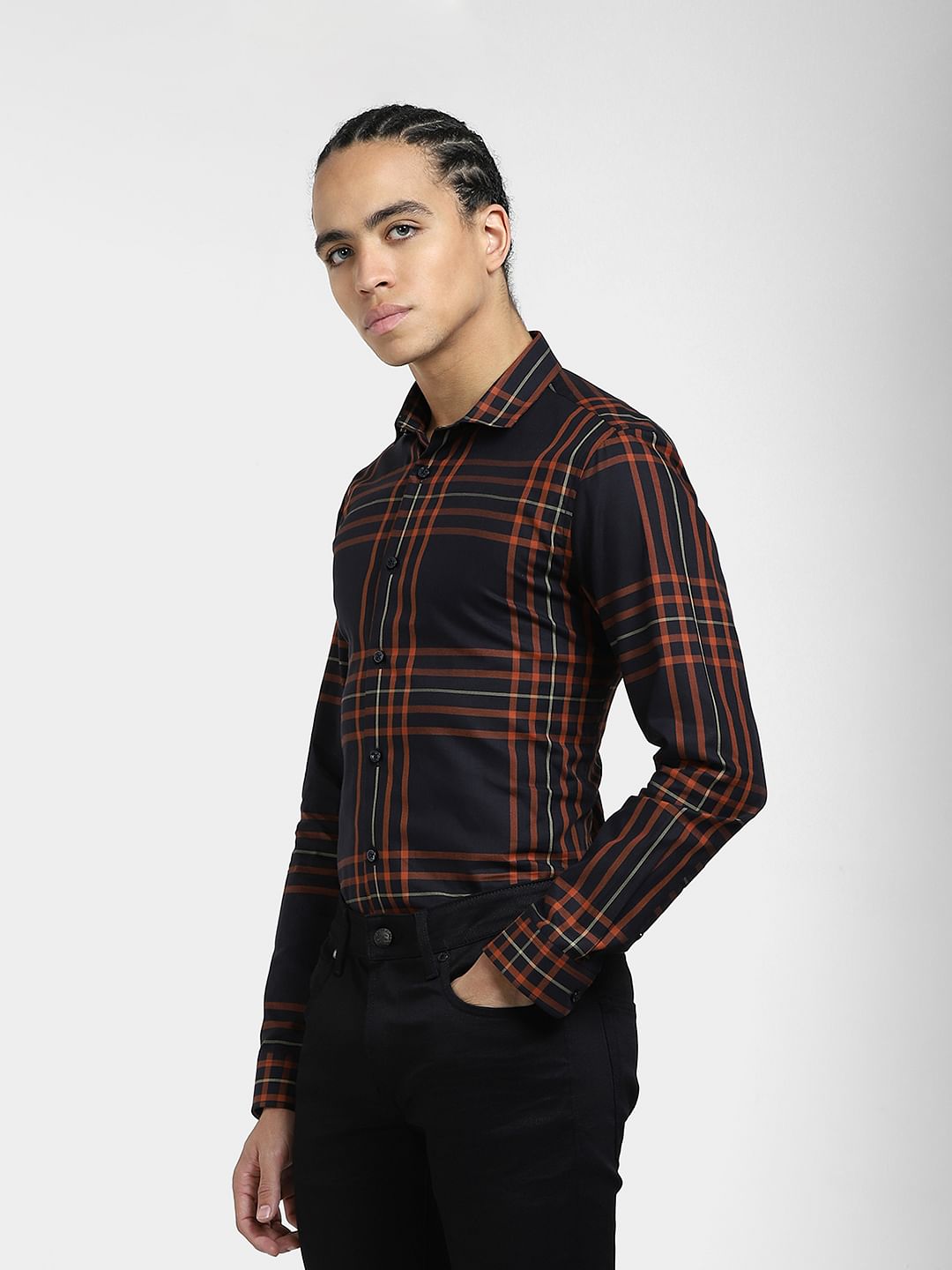 Black & Orange Check Full Sleeves Shirt
