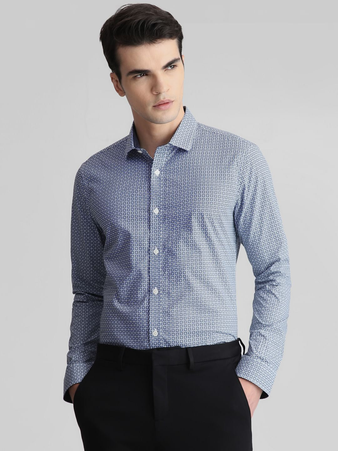 White & Blue Print Full Sleeves Shirt