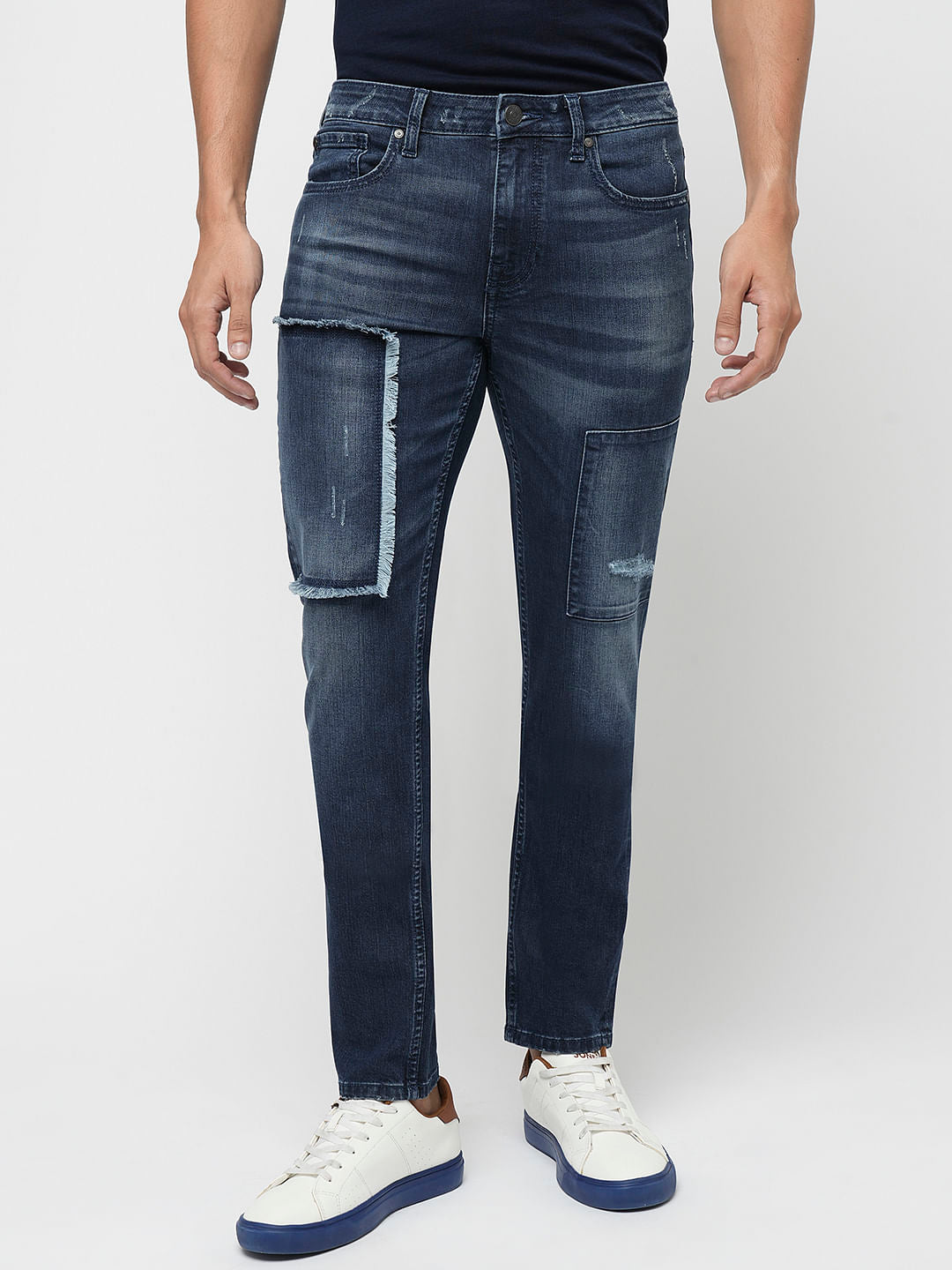 PRODUKT by JACK&JONES Blue Mid Rise Distressed Slim Jeans