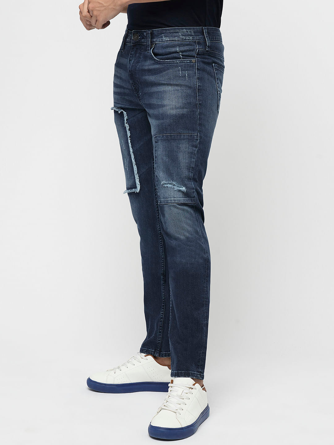 PRODUKT by JACK&JONES Blue Mid Rise Distressed Slim Jeans