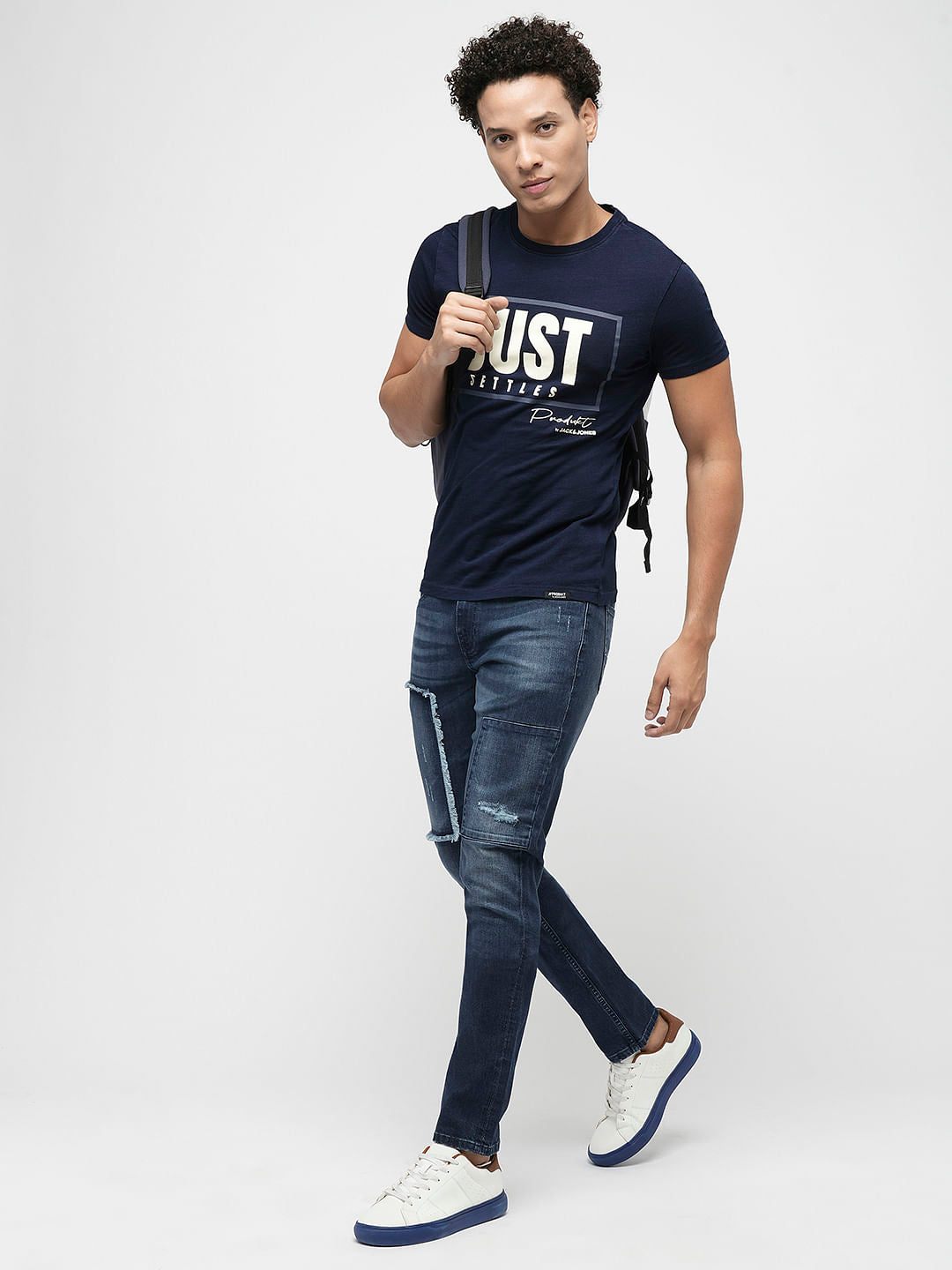PRODUKT by JACK&JONES Blue Mid Rise Distressed Slim Jeans