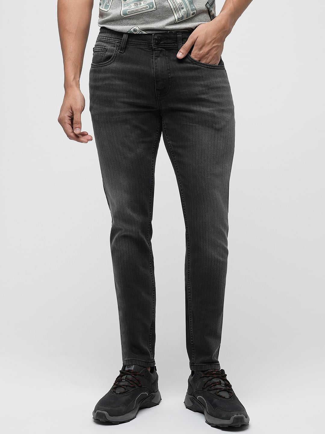 PRODUKT by JACK&JONES Black Mid Rise Striped Slim Jeans