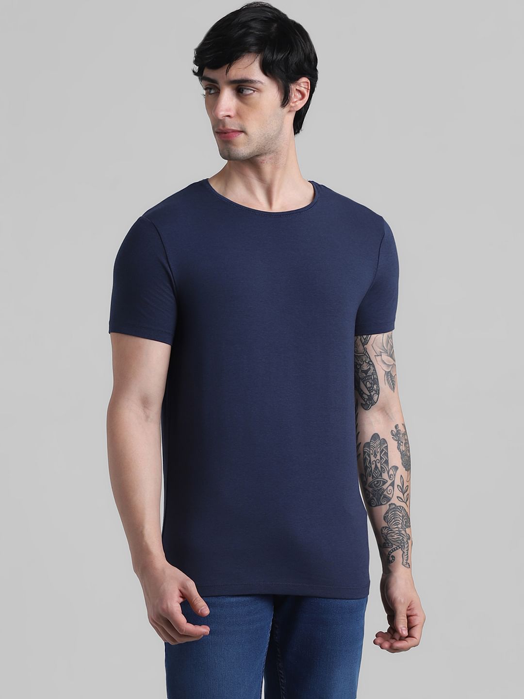 Dark Blue Basic Crew Neck T-shirt