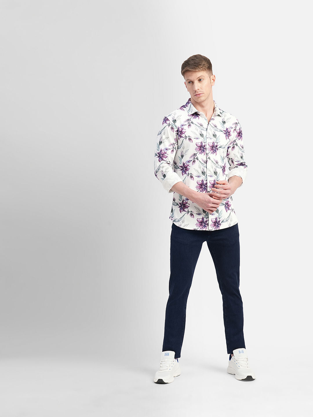 White Floral Full Sleeves Shirt