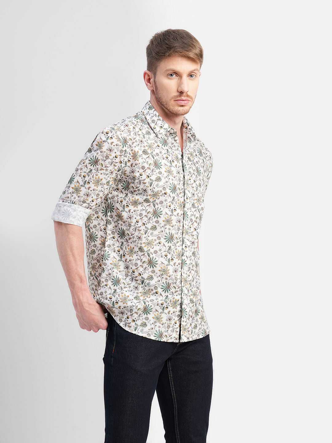 White Floral Print Full Sleeves Shirt