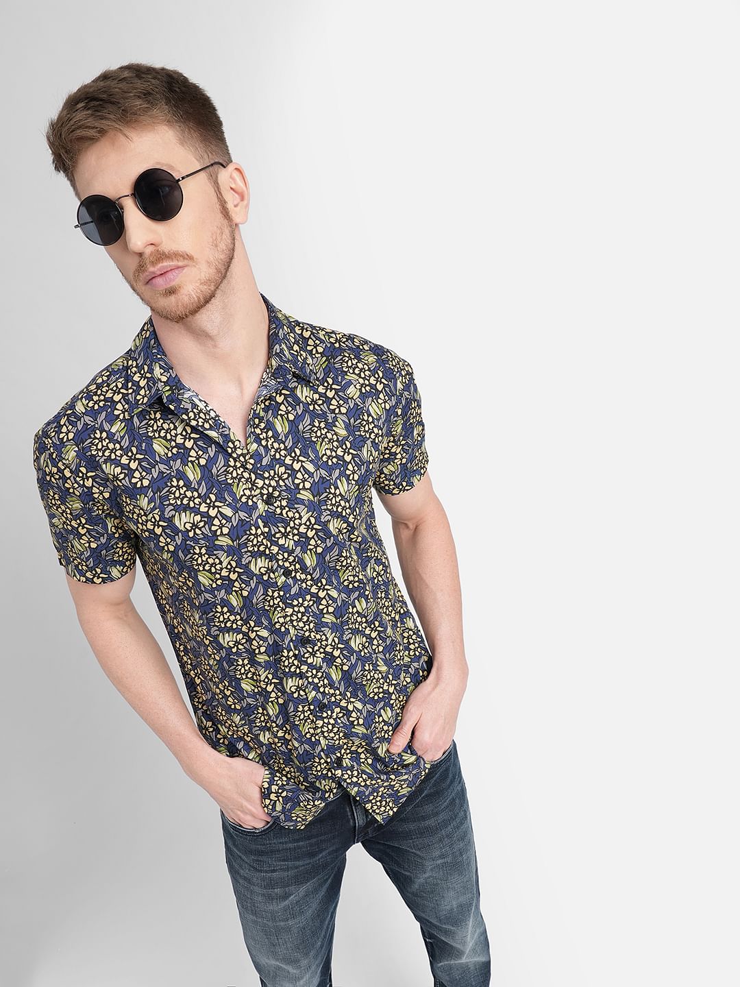 Blue Floral Short Sleeves Shirt