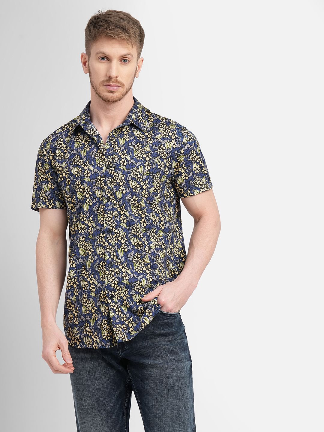 Blue Floral Short Sleeves Shirt