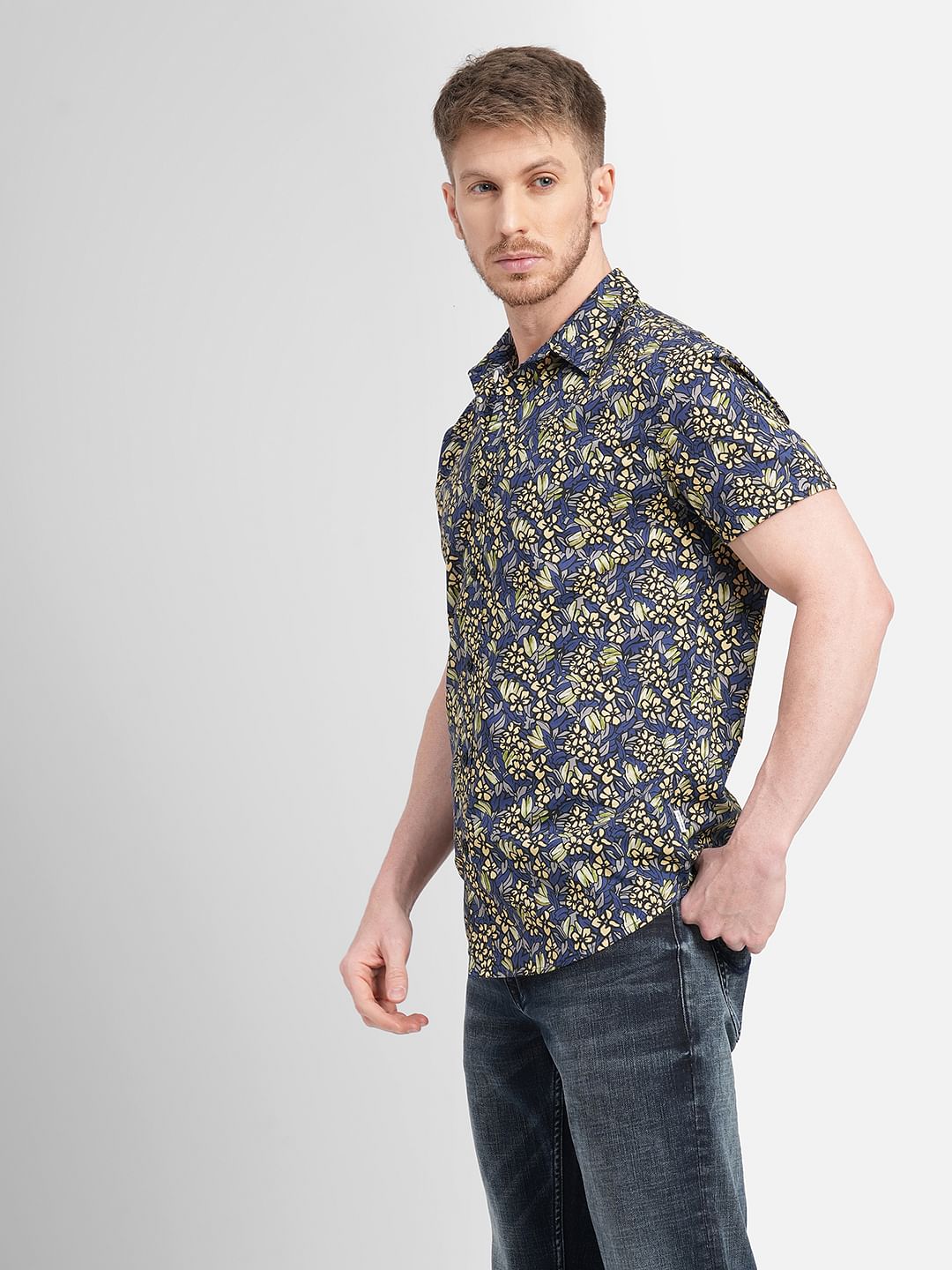 Blue Floral Short Sleeves Shirt