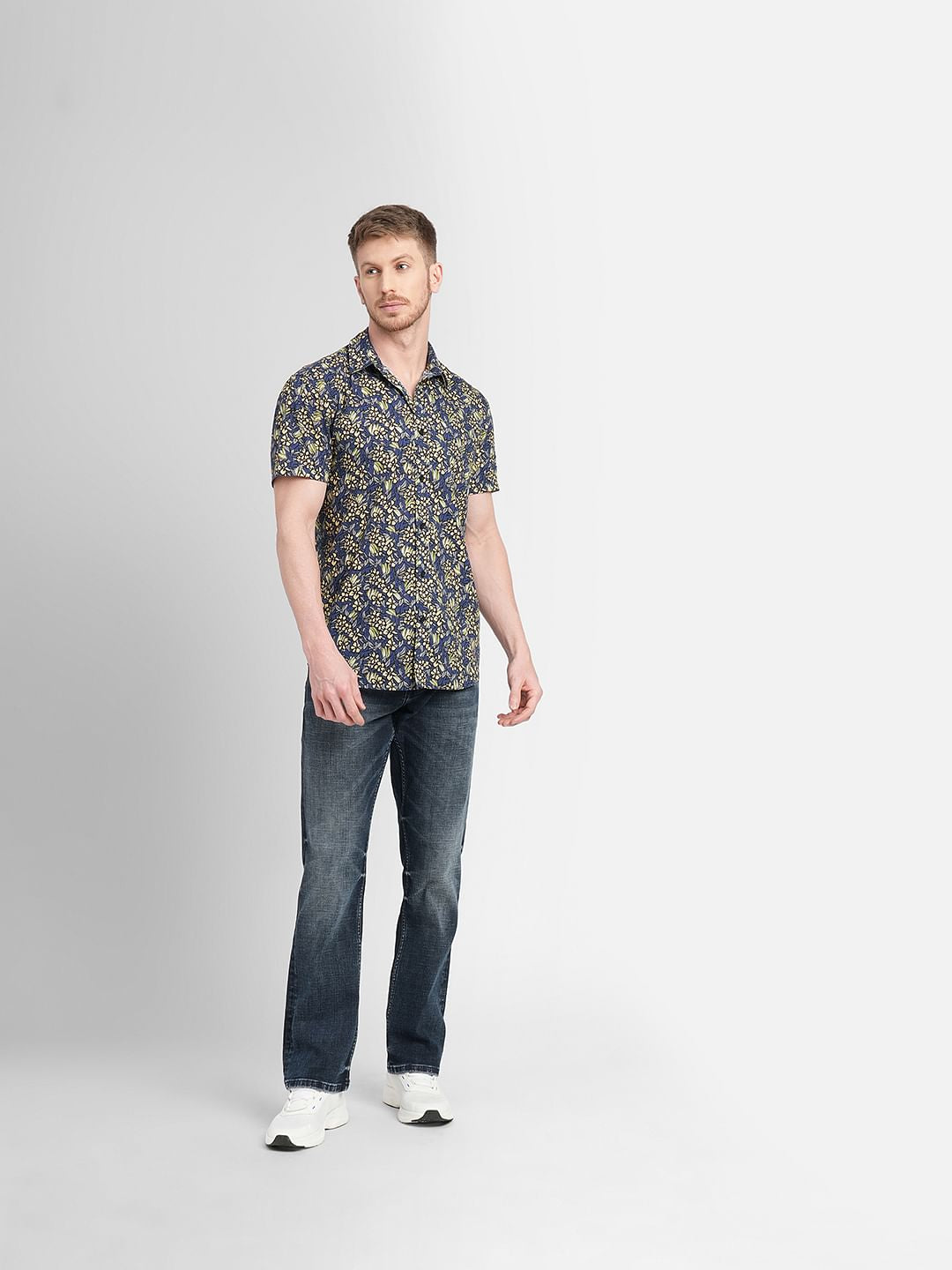 Blue Floral Short Sleeves Shirt