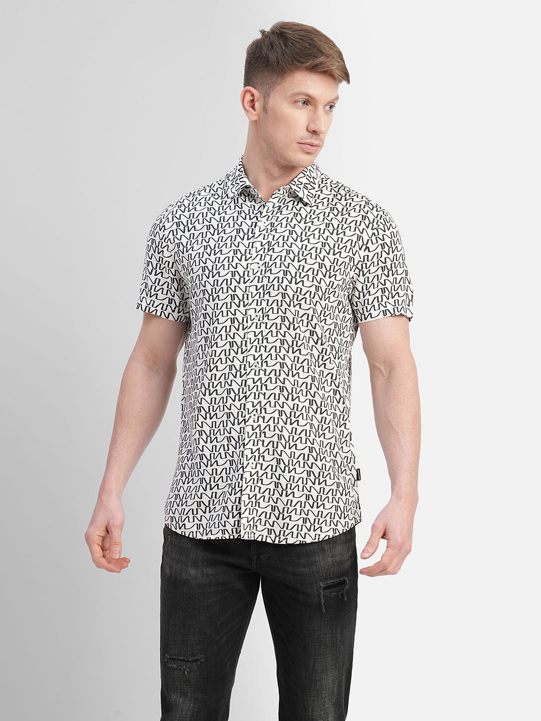 White Printed Short Sleeves Shirt