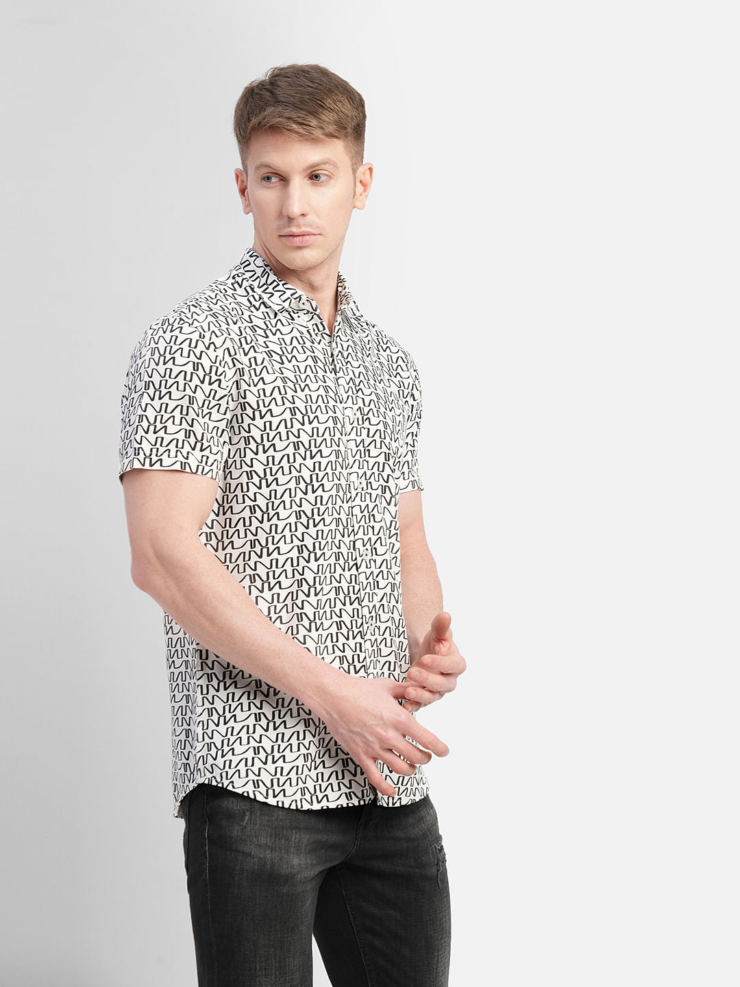 White Printed Short Sleeves Shirt