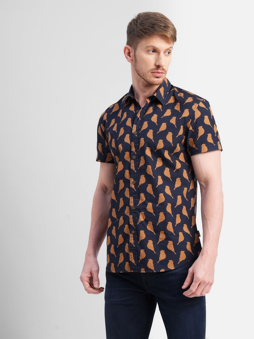 Dark Blue Printed Short Sleeves Shirt