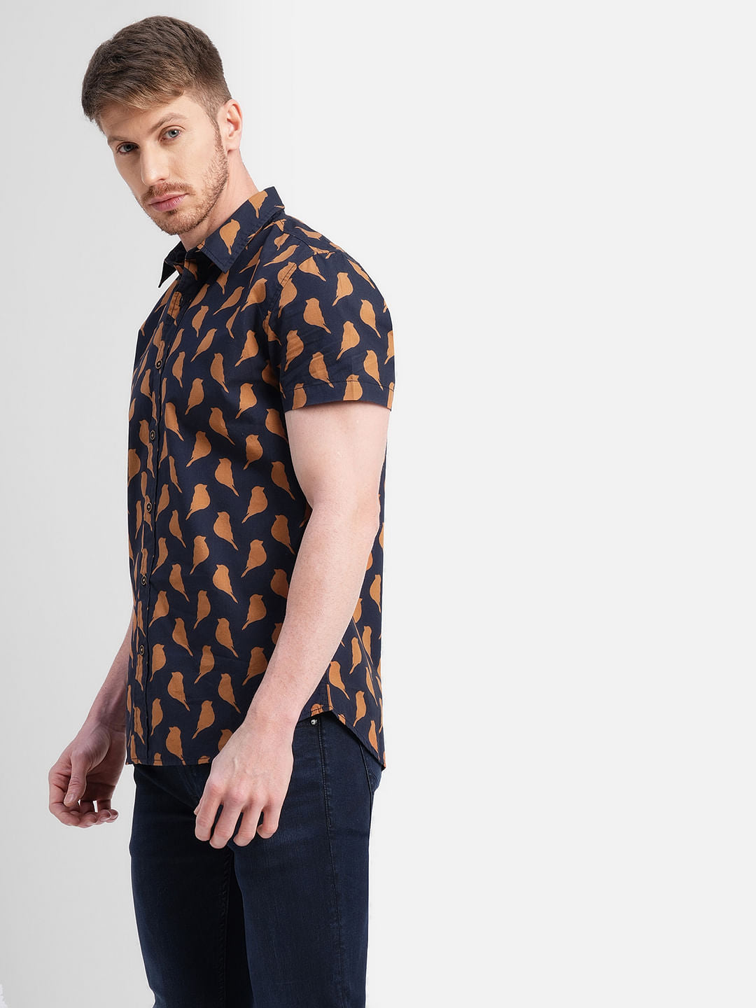Dark Blue Printed Short Sleeves Shirt