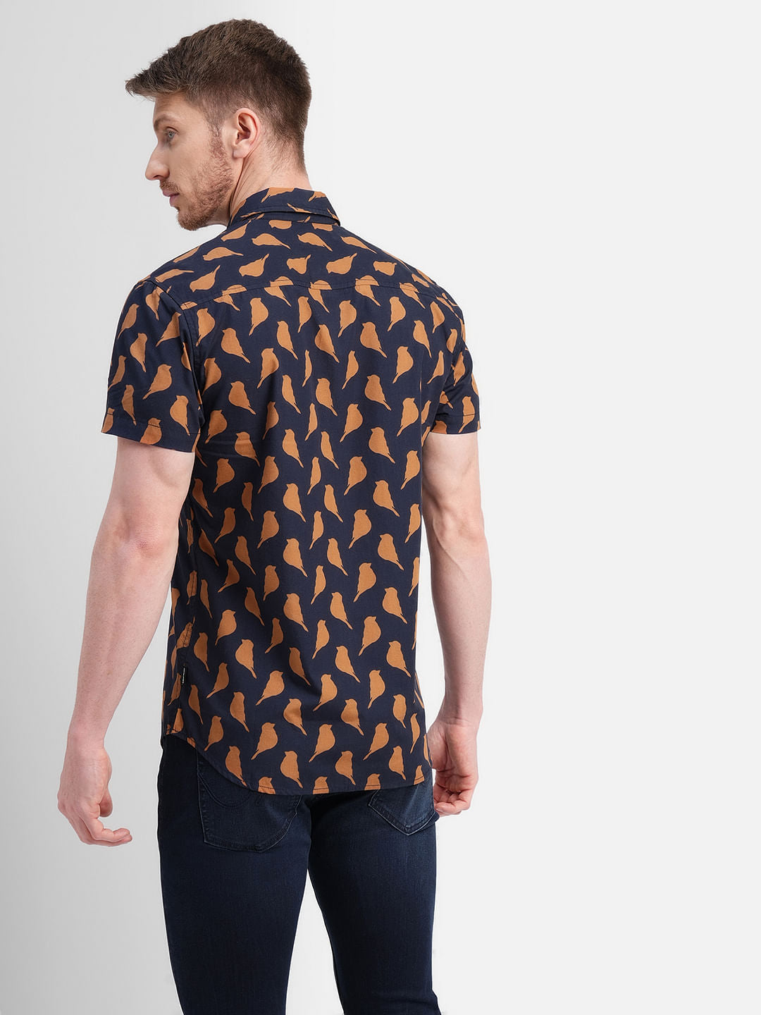 Dark Blue Printed Short Sleeves Shirt