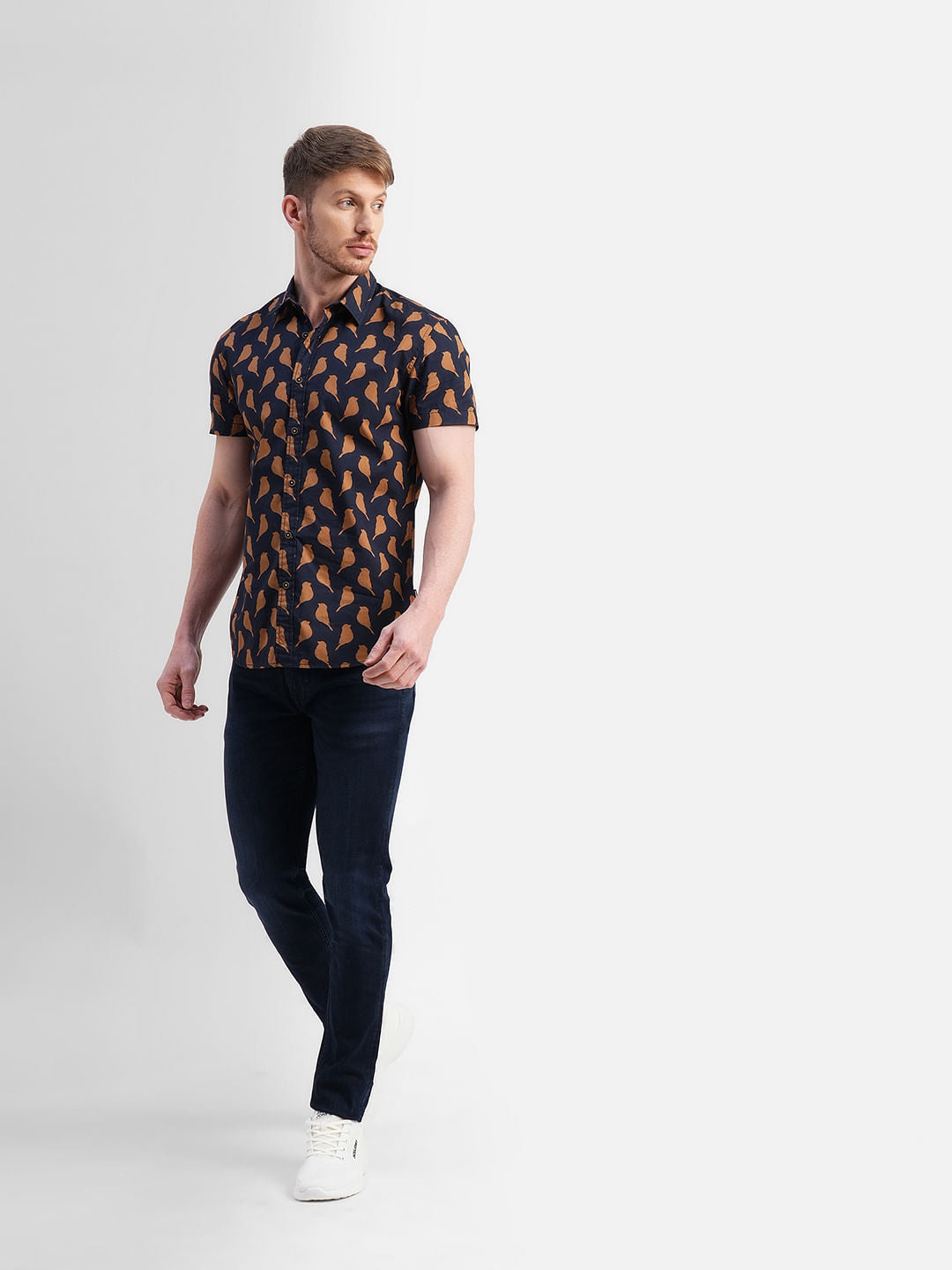 Dark Blue Printed Short Sleeves Shirt