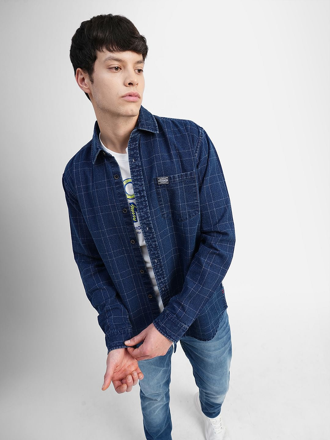 Blue Check Print Denim Shirt