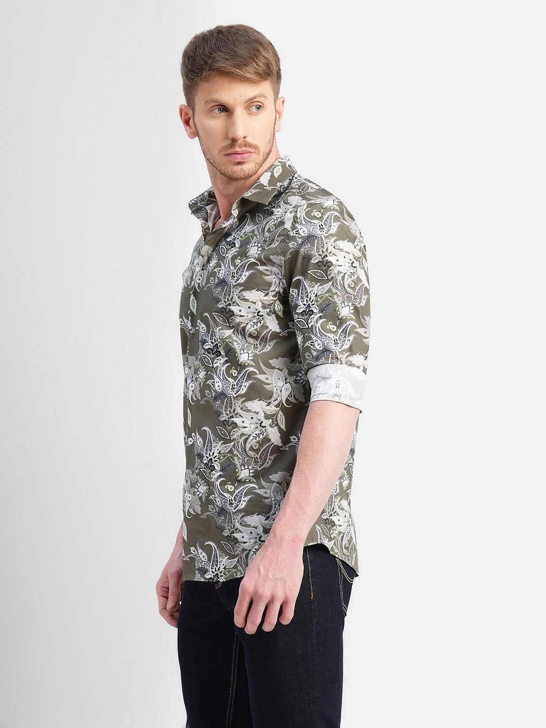 Green Floral Print Full Sleeves Shirt