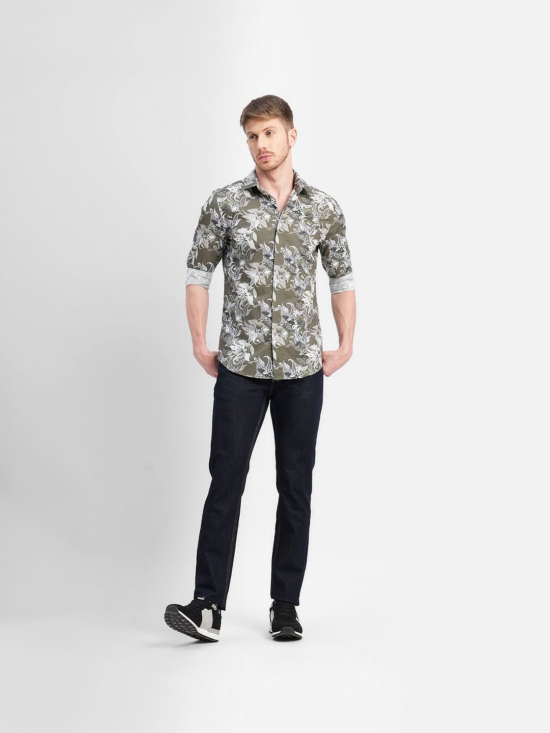 Green Floral Print Full Sleeves Shirt