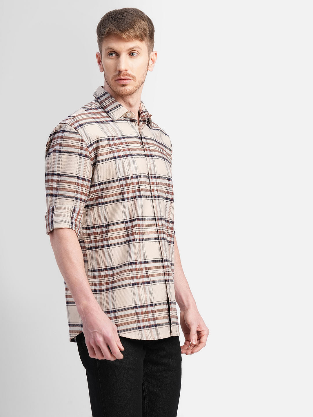 Beige Check Print Full Sleeves Shirt