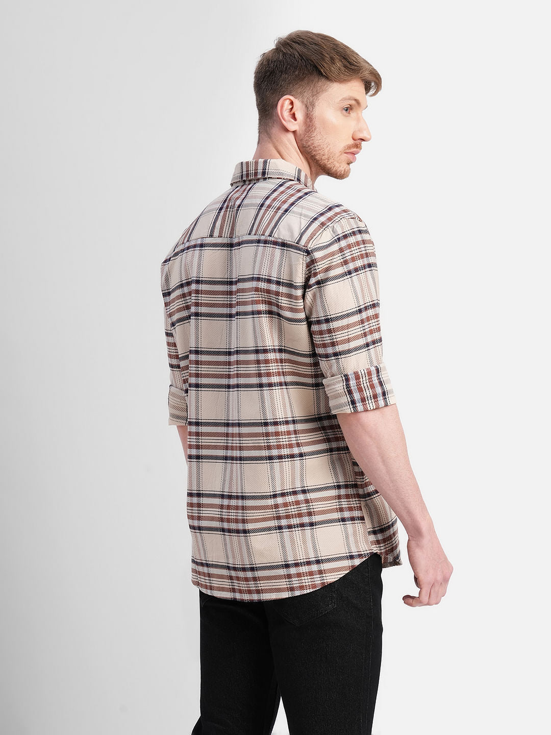 Beige Check Print Full Sleeves Shirt