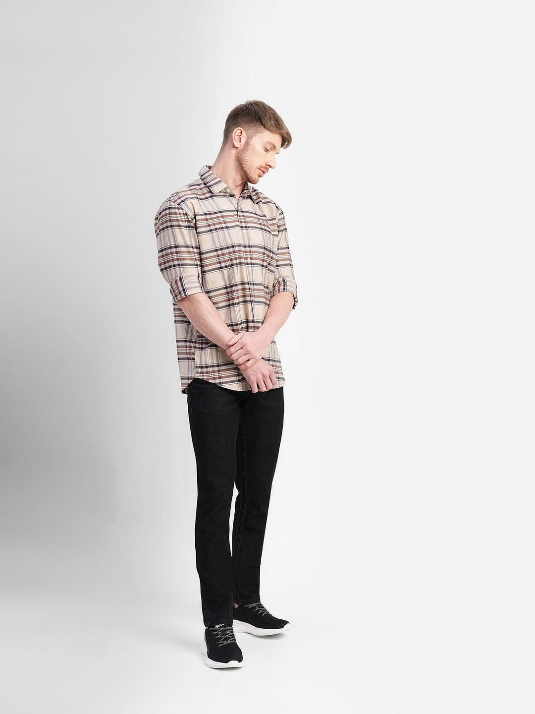Beige Check Print Full Sleeves Shirt