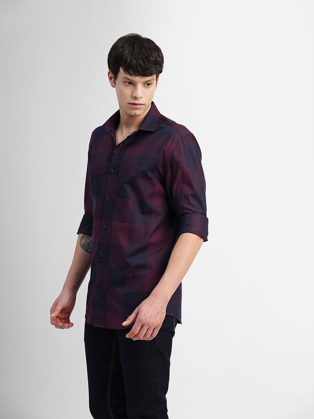 Maroon Check Print Full Sleeves Shirt