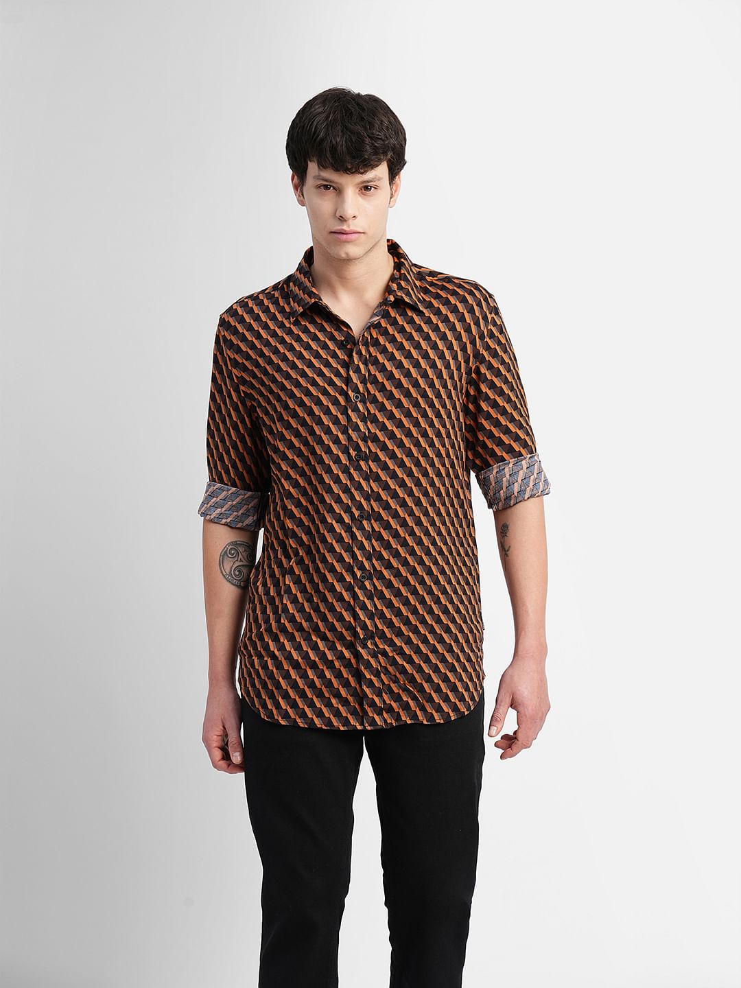 Orange Printed Full Sleeves Shirt