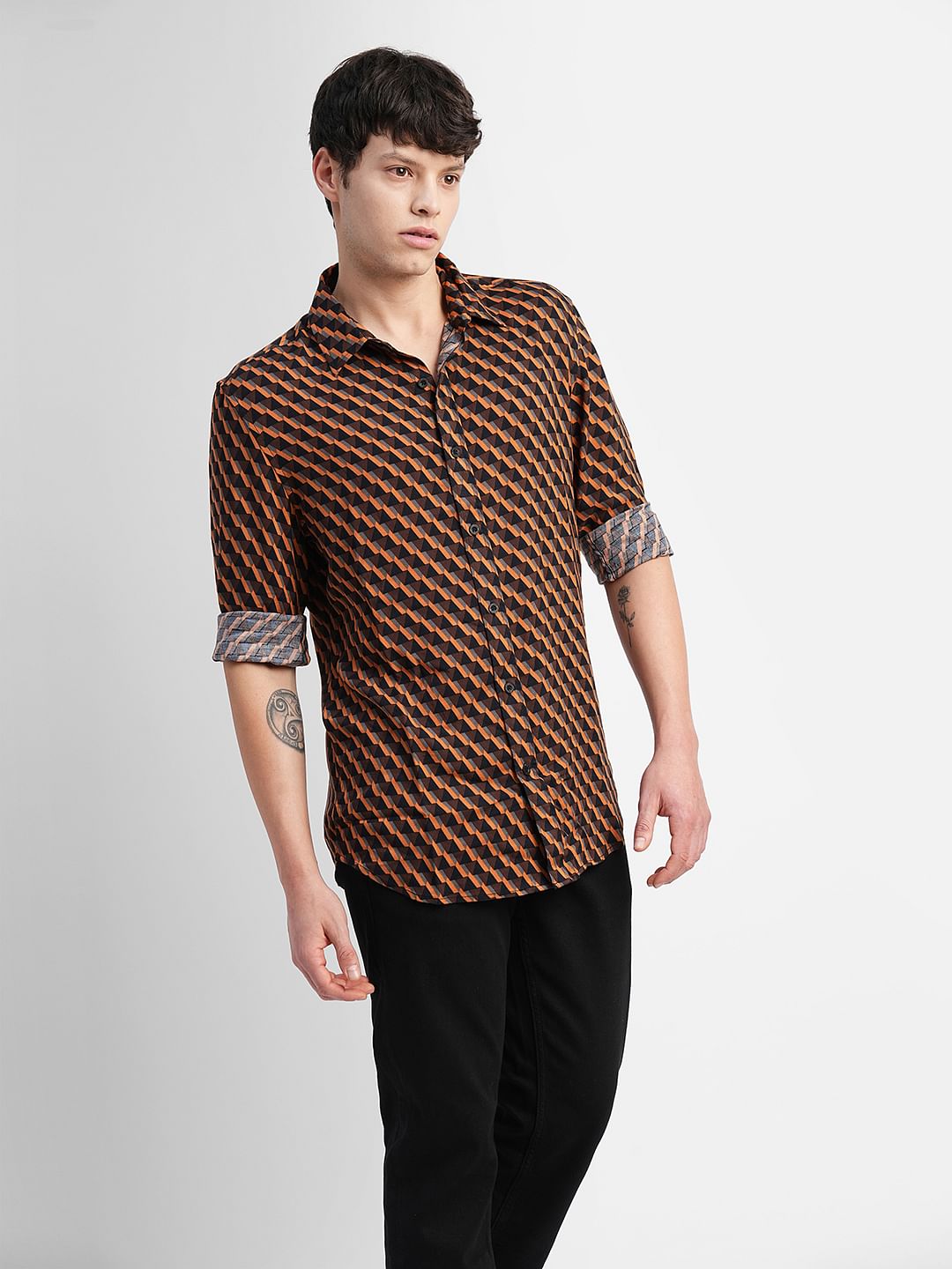 Orange Printed Full Sleeves Shirt