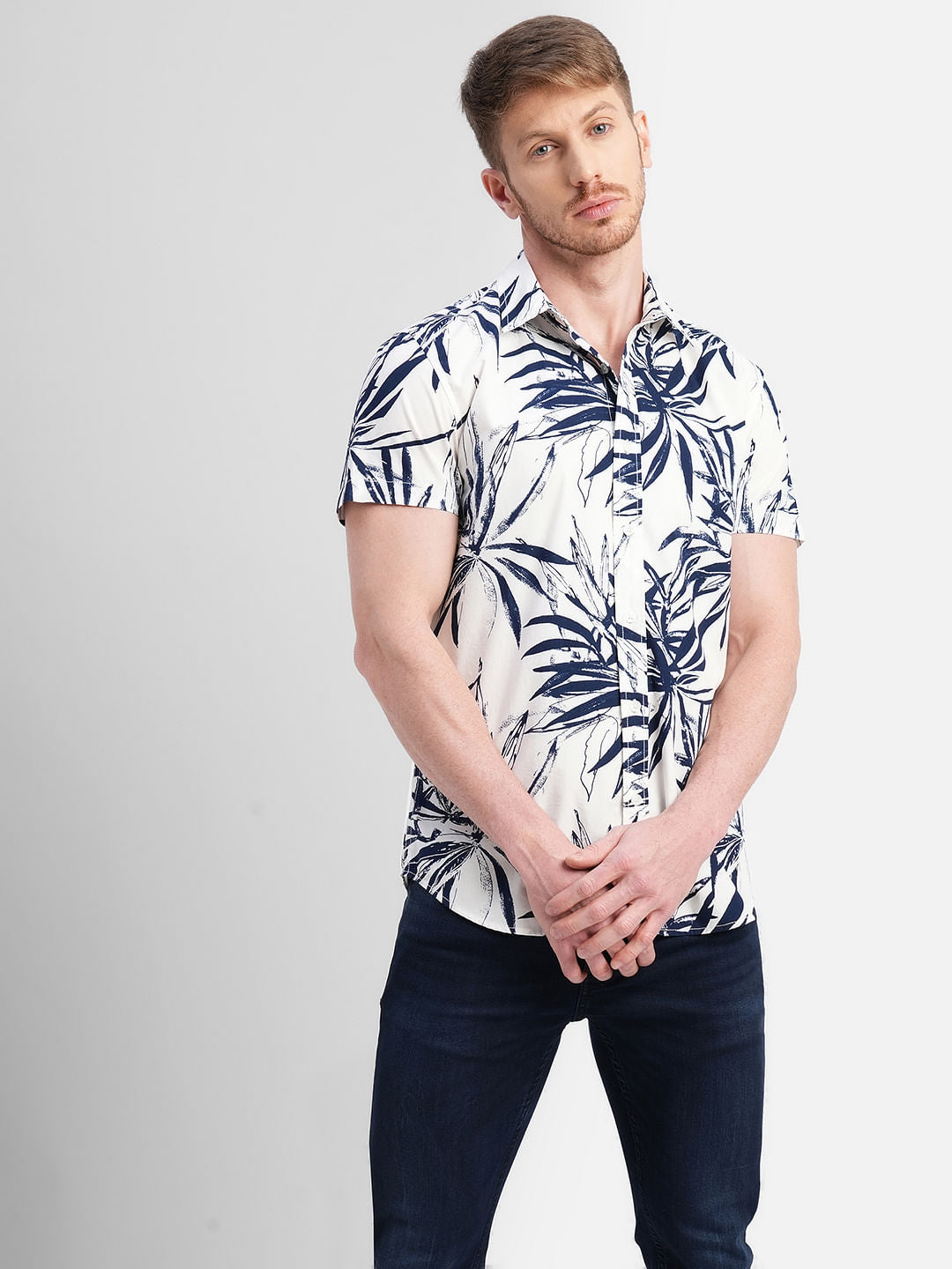 White Tropical Print Short Sleeves Shirt