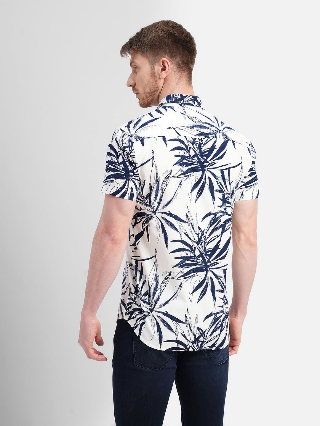 White Tropical Print Short Sleeves Shirt