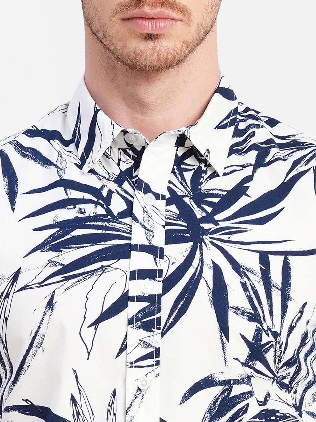White Tropical Print Short Sleeves Shirt