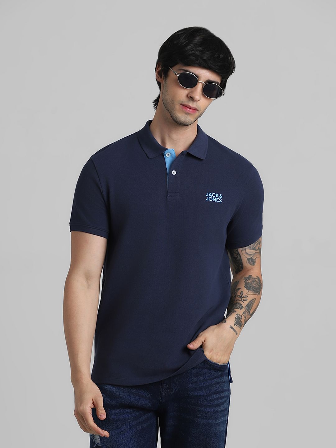 Dark Blue Logo Text Polo T-shirt