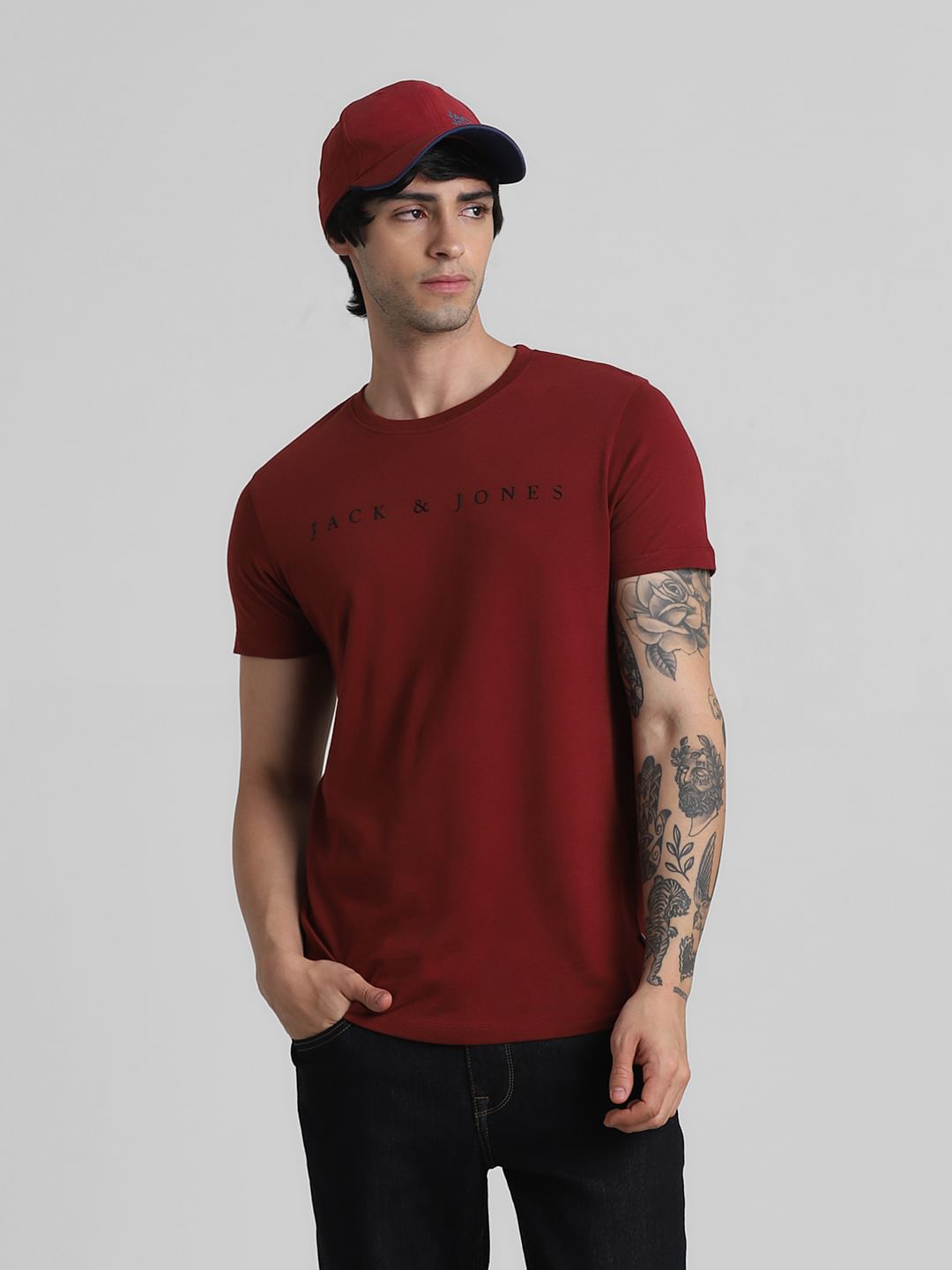 Dark Red Logo Text Crew Neck T-shirt