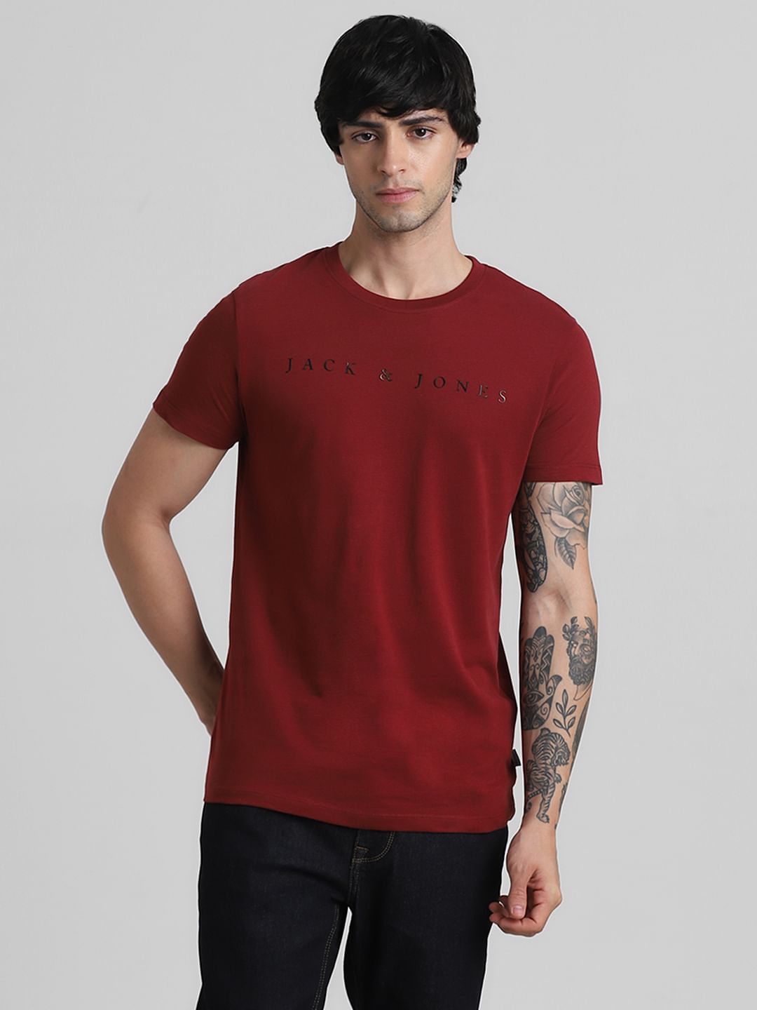 Dark Red Logo Text Crew Neck T-shirt