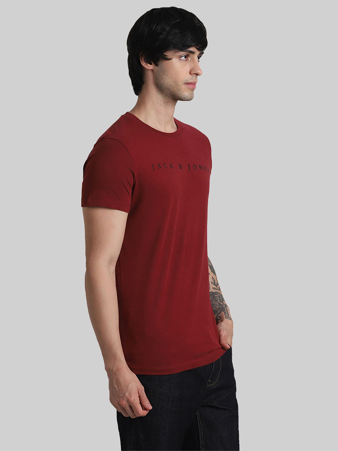 Dark Red Logo Text Crew Neck T-shirt