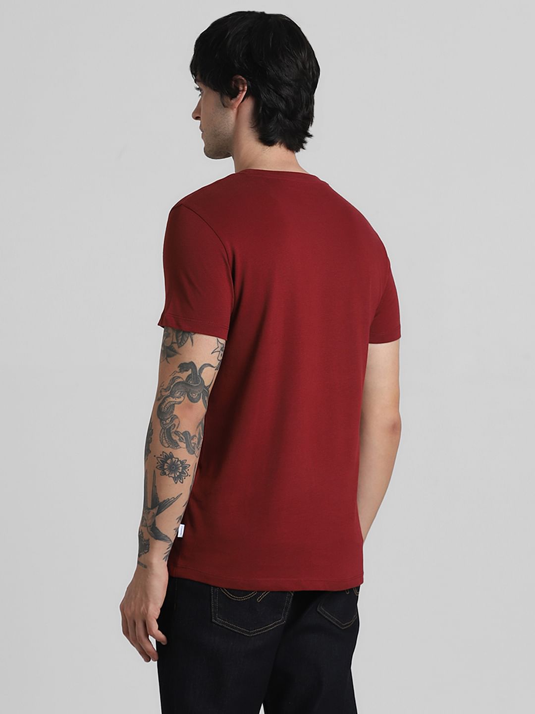 Dark Red Logo Text Crew Neck T-shirt