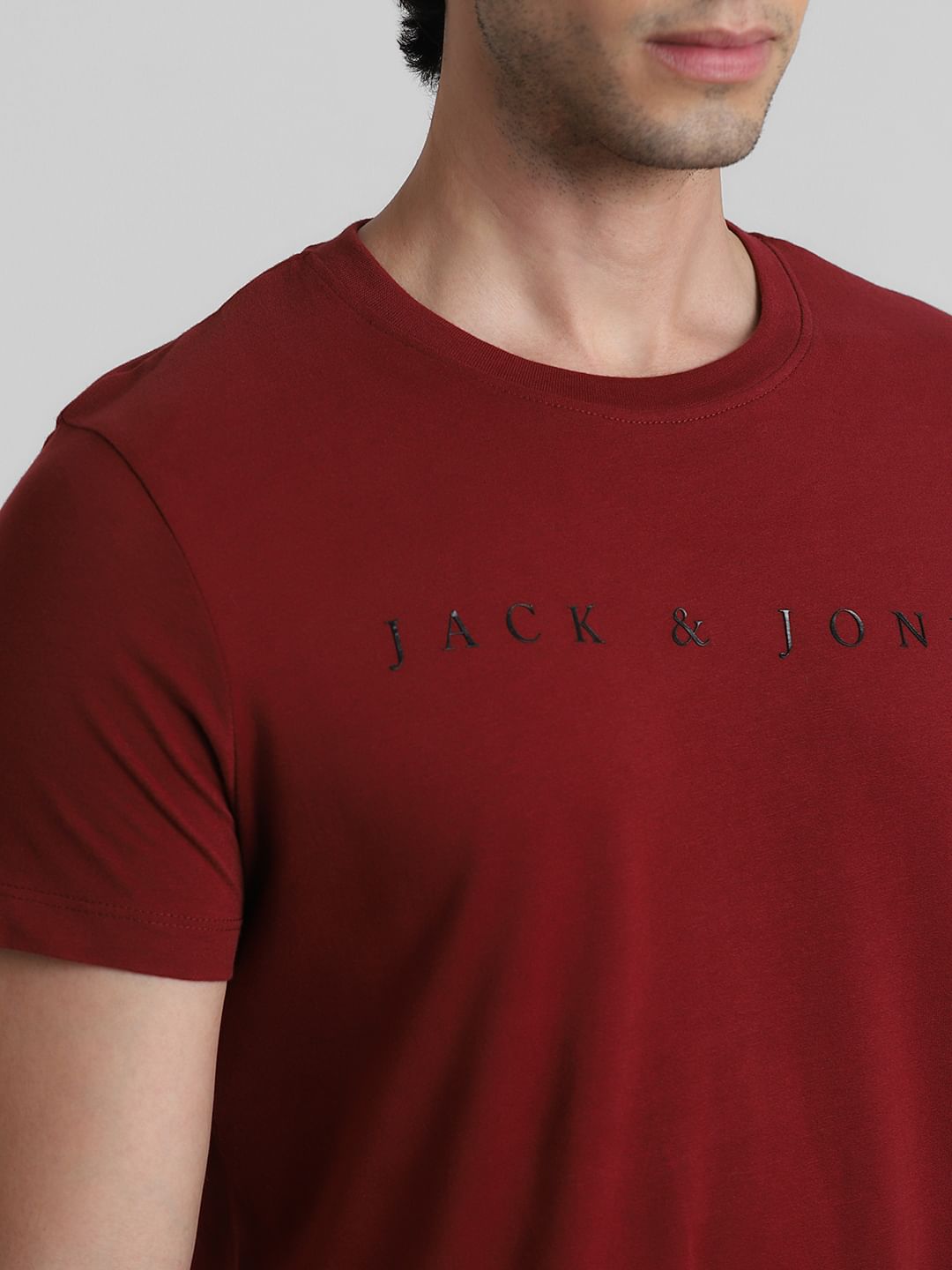Dark Red Logo Text Crew Neck T-shirt