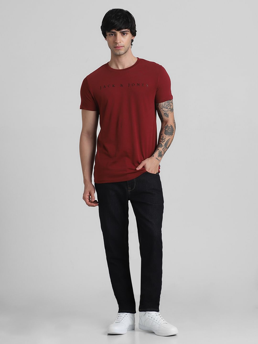 Dark Red Logo Text Crew Neck T-shirt