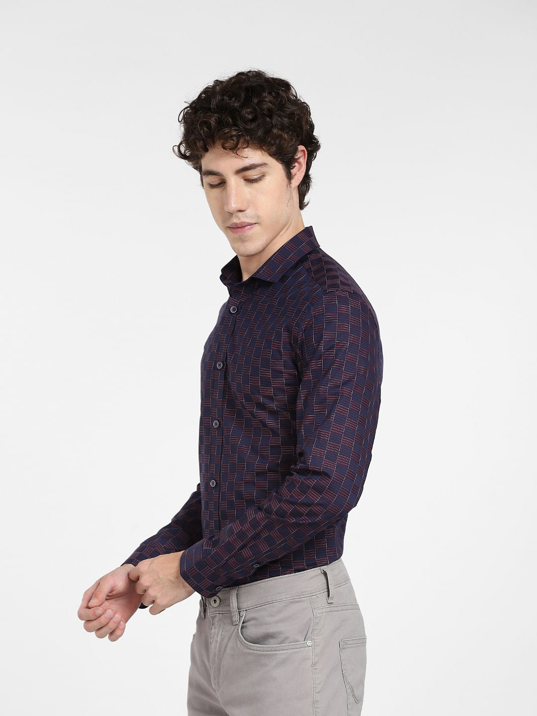 Purple Check Print Full Sleeves Shirt