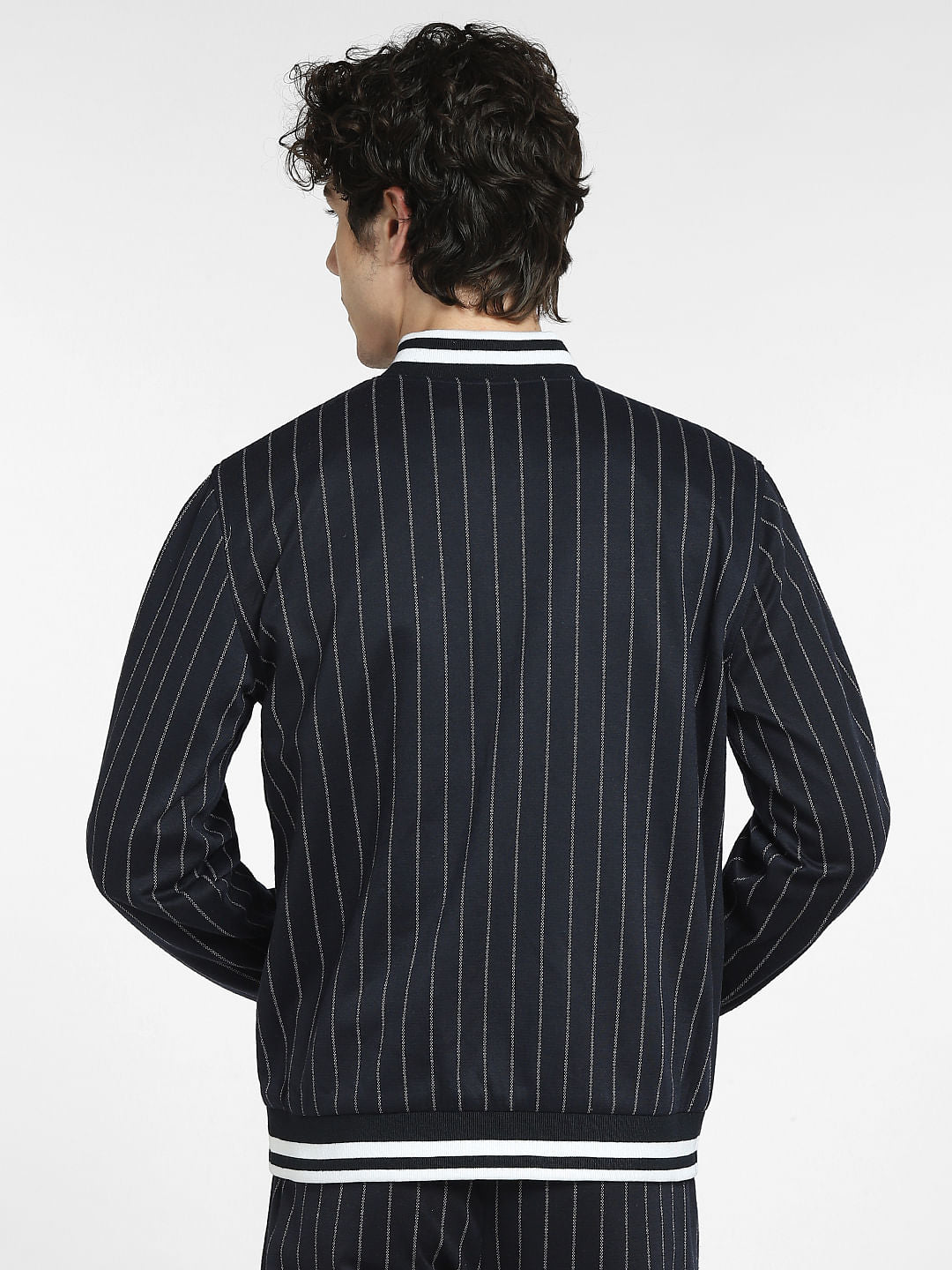 Navy Blue Striped Co-ord Bomber Jacket