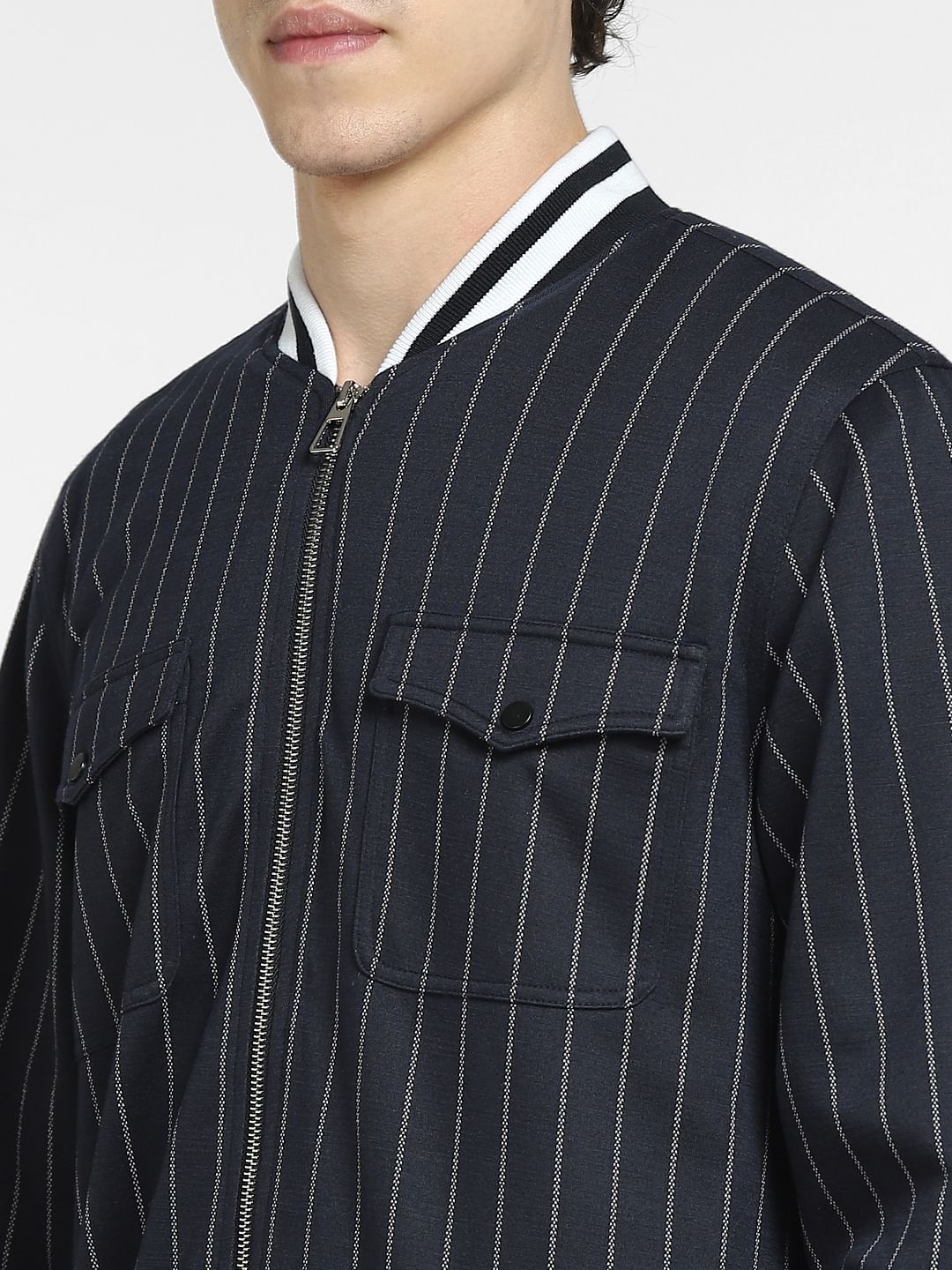 Navy Blue Striped Co-ord Bomber Jacket