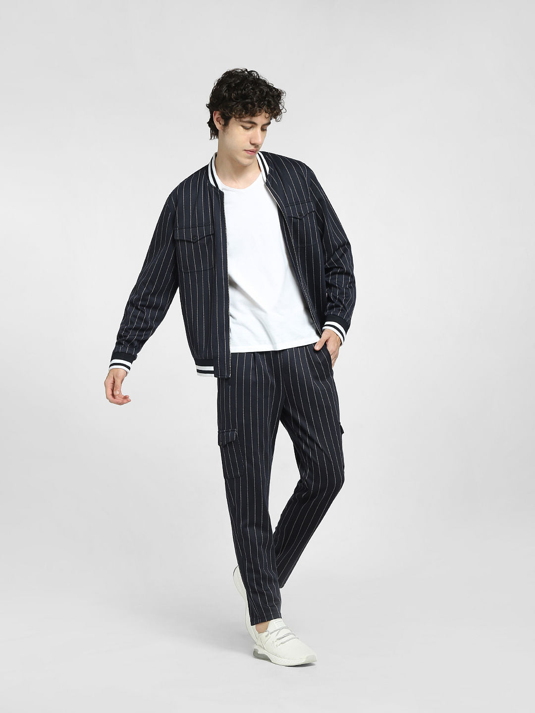 Navy Blue Striped Co-ord Bomber Jacket