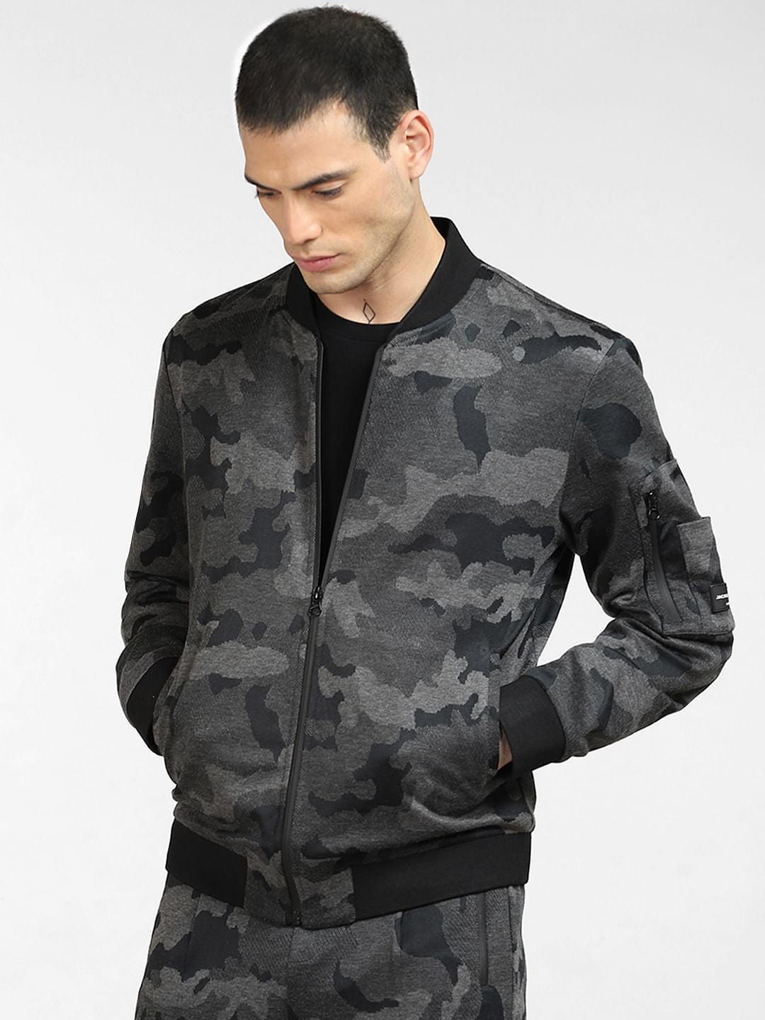 Black Camo Print Co-ord Bomber Jacket