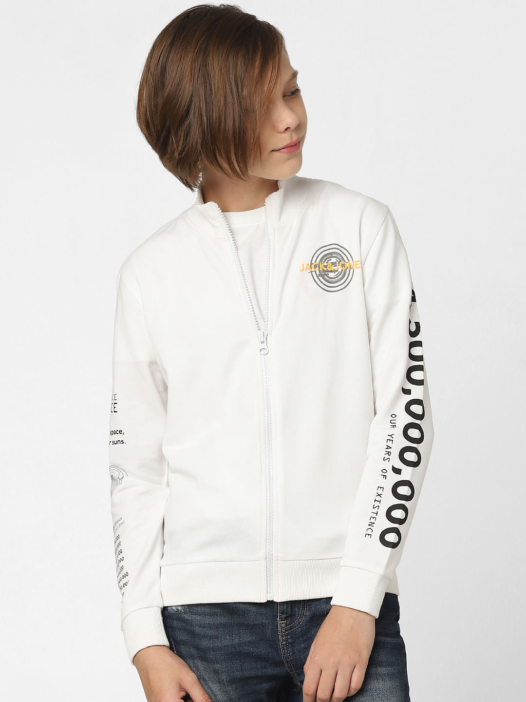Boys White Printed Zip-Up Sweatshirt
