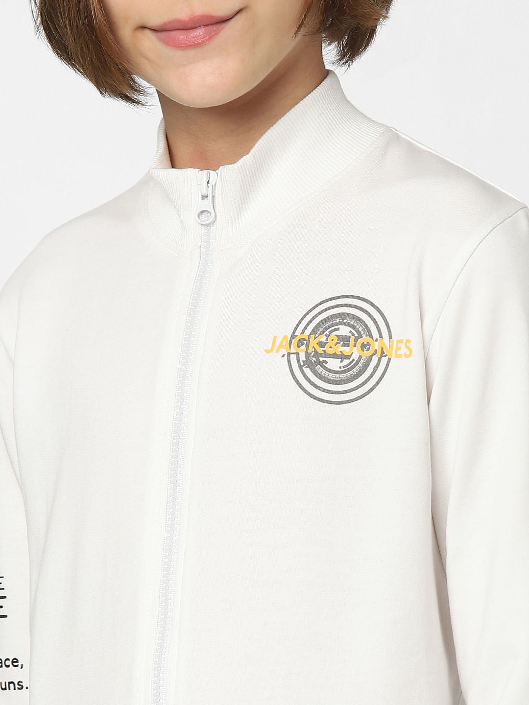 Boys White Printed Zip-Up Sweatshirt